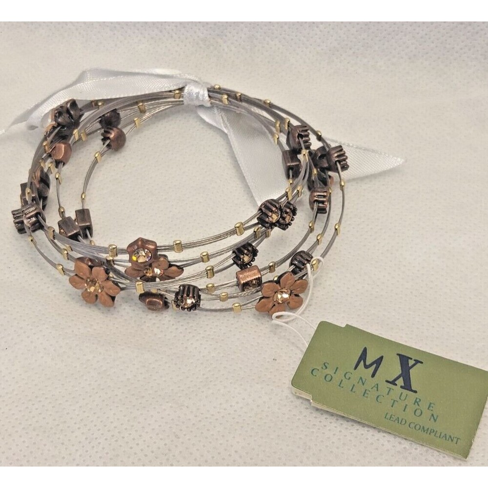MX Signature Collection 6 Silver Metal Wire Bracelets Rhinestones Flowers NWT